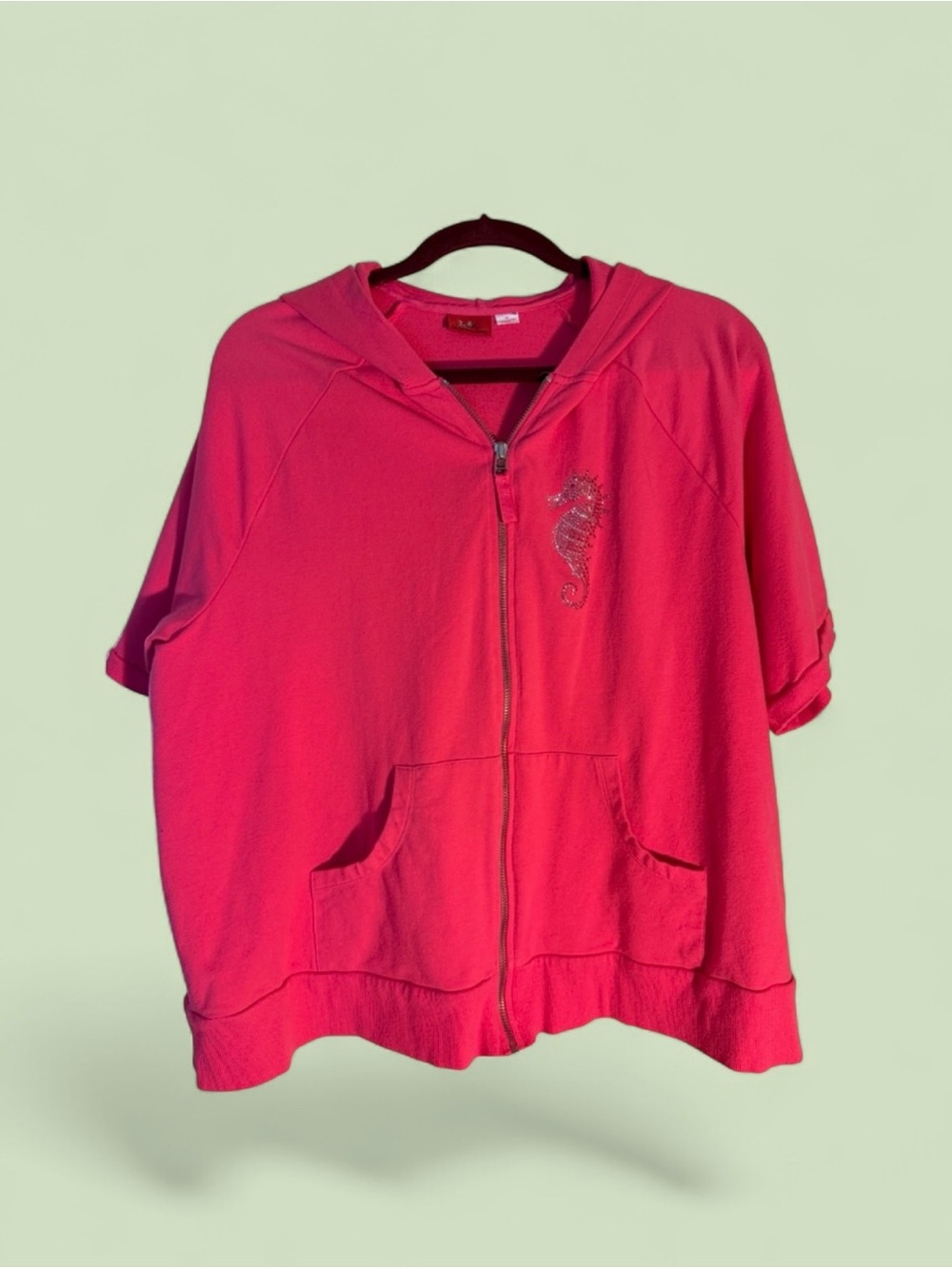 Tape Measure Fuchsia Pink Short Sleeve Zip up hoodie Seahorse Rhinestone sz 2X